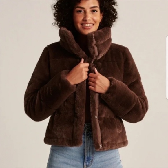 ABERCROMBIE & FITCH | Brown Faux Fur Quilted Puffer Funnel Neck Jacket | Size S - Picture 6 of 16